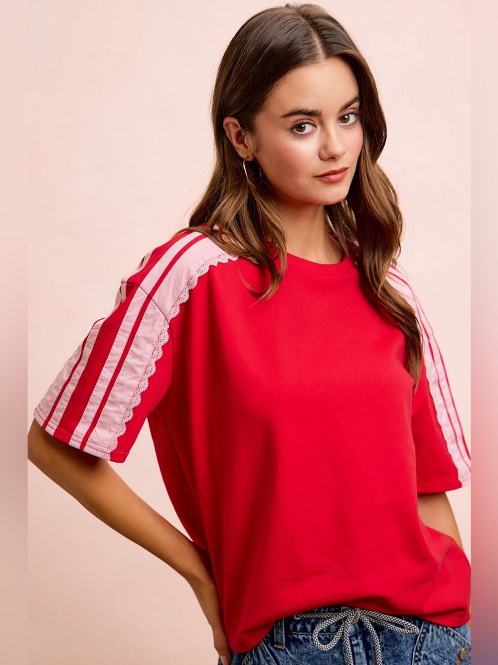 BiBi French Terry Side Lace Detail Short Sleeves Top - Picture 8 of 15